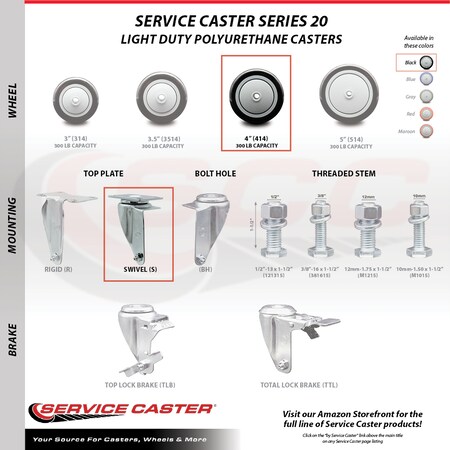 Service Caster 4 Inch SS Black Polyurethane Top Plate Caster Total Lock Brakes SCC, 2PK SCC-SSTTL20S414-PPUB-BLK-2-S-2